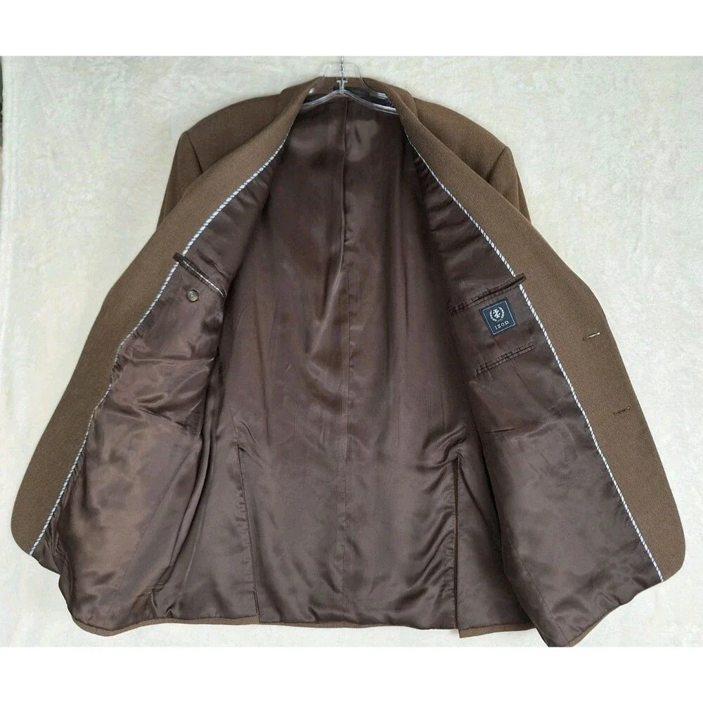 Izod Sports Coat Men's 46L Brown Woven Tweed Lined 2 Button Blazer Pocket Jacket